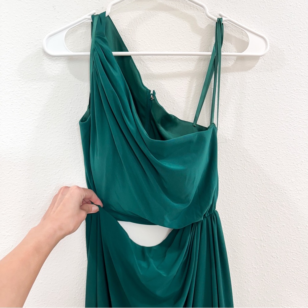 Mac Duggal Green One-Shoulder Gown with Side Slit 2 - Picture 5 of 6